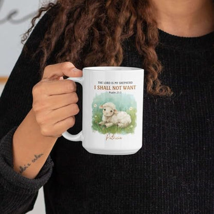 Adorable Lamb Illustration Mug, Customized Religious Cup For Grandparent, Personalized Christian Coffee Mug With Name, Novelty Bible Verse Ceramic Cup 11oz 15oz, Custom Christian Mug - color: HOA-624-2163-MY SHEPHERD MUG