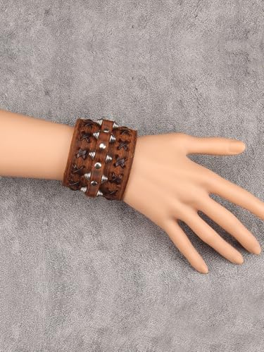 GelConnie Punk Leather Cuff Bracelet Adjustable Straps Wrap Bracelets Arm Armor Cuff Gothic Leather Wristbands for Men, Women - color: MLPB103-Brown
