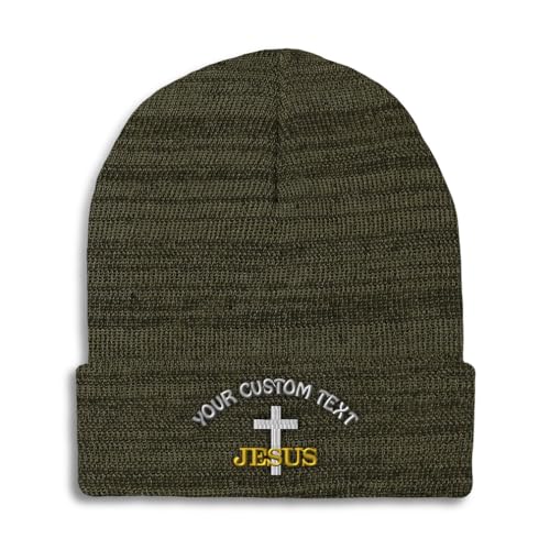 Custom Beanies for Men Christian Cross Jesus Faith Jesus Christ Skull Cap Winter Hats for Women One Size - color: Heather Olive Green Personalized Text Here