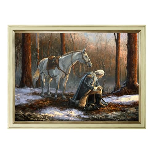 Creamy White Framed George Washington In Forge Valley Praying Wall Art A General Before His King Canvas Poster by Tim Davis Classic Oil Paintings Reproduction American History Print Decor 12x16inch - color: Praying - Creamy White Frame, size: 12"L x 16"W