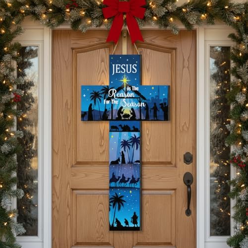 Meooeck 27.5" Easter Cross Sign, Wooden He is Risen Hanging Front Door - style: Style A