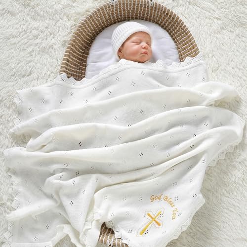 Baby Christening Blanket Cotton Soft Knit with Stitching Cross - color: White-glod