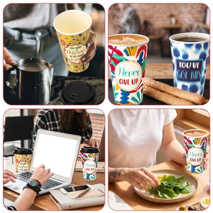 50 Pack 16 oz Disposable Coffee Cup with Lids Colorful Geometric - style: Colorful Geometric Inspirational Quotes
