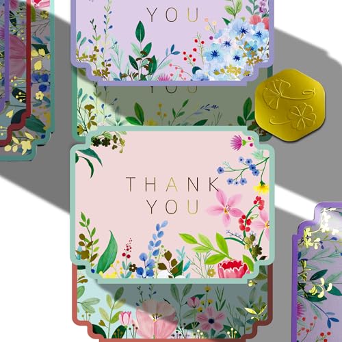 ukee's Floral Thank You Cards, Die-Cut Gold Foil, 100 Cards with Envelopes