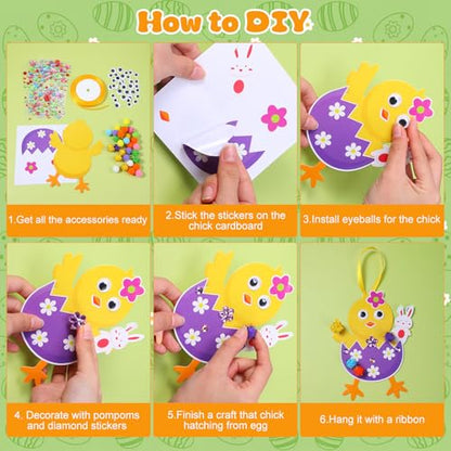 Funrous 48 Sets Crafts Kit Paper Crafts DIY Make Your Own Hanging Ornaments with Pompoms Diamond Stickers for Holiday Classroom Activities Party Favors, Easter Chick - style: Easter Chick