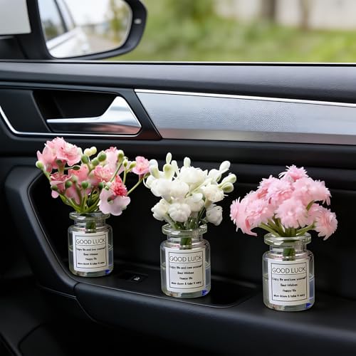 3 PCS Mini Flower Car Dashboard Decor Set, Cute Daisy Cherry Blossom Vase Ornaments, Natural Simulated 3D Vase Arrangement, Universal Rear View Mirror Dashboard Interior Accessories