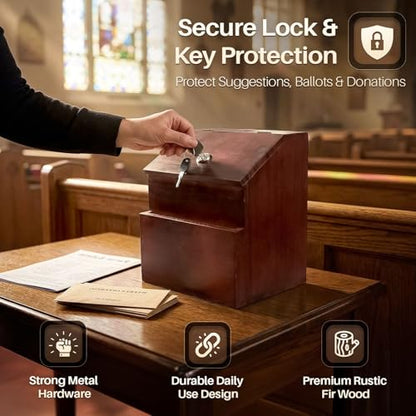 Flexzion Wooden Suggestion Box with Lock and Slot, Lockable Ballot Box