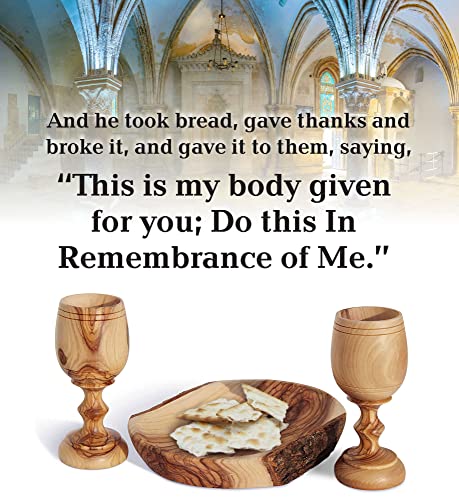 2 Small Communion Cups with Natural Olive Wood Bread Plate – Hand-Carved Kiddush Set for Church, Ministry & Worship – Includes Certificate of Origin - color: 2 Cup Set [Medium, Natural Olive Wood Tray]