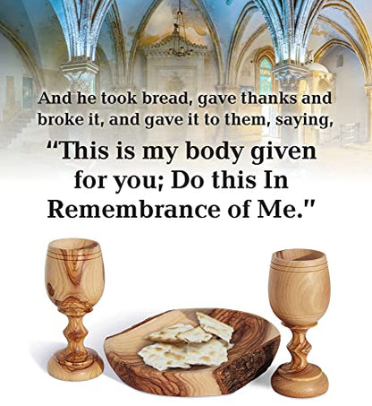2 Small Communion Cups with Natural Olive Wood Bread Plate – Hand-Carved Kiddush Set for Church, Ministry & Worship – Includes Certificate of Origin - color: 2 Cup Set [Medium, Natural Olive Wood Tray]