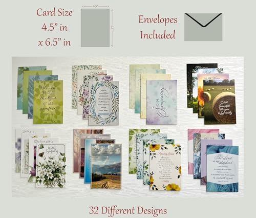 Sympathy Cards ~ No Repeated Designs~ 32 Cards and Designs ~ Christian/Religious Greeting Card Assortment ~ Scripture in every card ~ Envelopes Included
