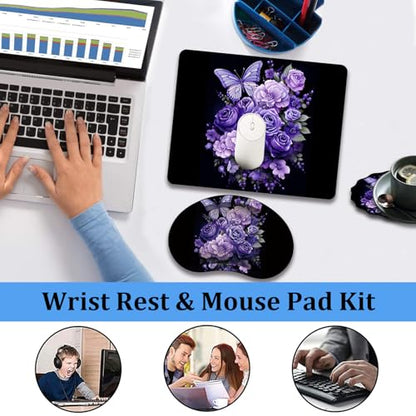 Mouse Pad 9.4"x7.9" + Wrist Support Pad + Embroidered Cup Pad Non-Slip Set, Ergonomic Mouse Wrist Support Pad, Suitable for Office/Gaming/Home Use, Butterfly and Purple Flowers - color: Butterfly and Purple Flowers