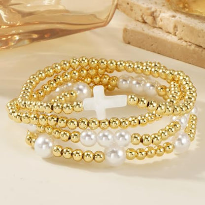 Gold Beaded Bracelets Stack for Women Stackable 14K Gold Plated Beads Ball Cross Bracelet Boho Christian Jewelry Faith Friendship Birthday Gifts for Women - color: White Cross