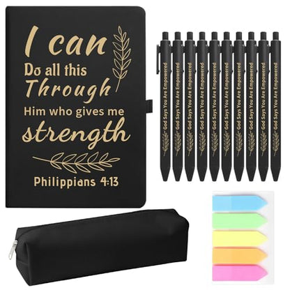 Christian Gift Set, Prayer Notebook and 10 Bible Pen Set with Sticky Notes & Pencil Case, Inspirational Christian Journaling Supplies, Faith Based Gifts for Women Men, Black - color: Black