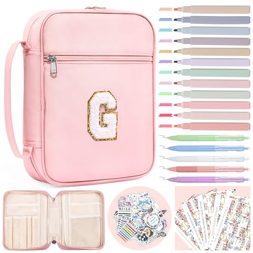 WOBAGMEN Bible Cover for Women,Pink PU Leather Personalized Bible Case with Bible Study Supplies,Including Tabs and Highlighter Set, Faith Chiristain Gift for Women Girls (Pink, G) - size: G