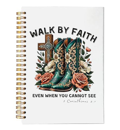 VNWEK Christian Floral Cowgirl Boots Spiral Notebook Journal 5.5 x 8.3 Inch, Western Christian Gifts for Women, Walk By Faith Bible Verse Religious Lined Hardcover Spiral Notebook - color: Christian Floral Cowgirl Boots