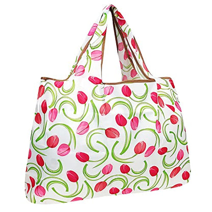 allydrew Large Foldable Tote Nylon Reusable Grocery Bags, Pink Tulips - color: Pink Tulips