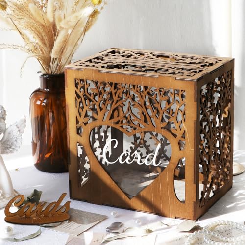 OurWarm Wooden Wedding Card Box with Heart-Shaped Acrylic Window