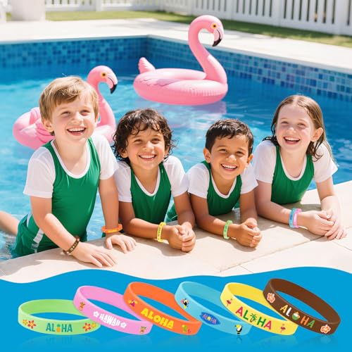 JUNEBRUSHS 42pcs Hawaiian Party Favors Silicone Wristbands Rubber Bracelets for Summer Beach Hawaii Luau Baby Shower Party Supplies Goodie Bag Stuffers Fillers - style: Hawaiian Style