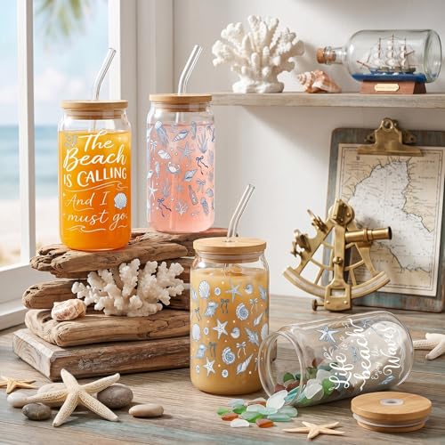 Glass Cups with Lids and Straws, 4Pack, 16oz, Seashell Ocean - color: Beach & Coastal