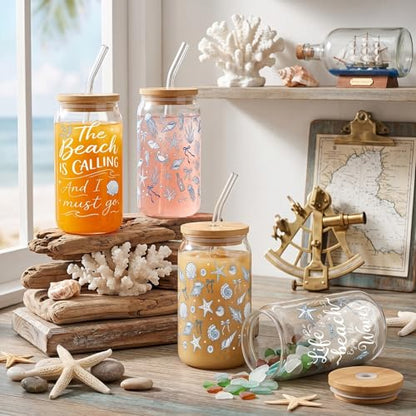 Glass Cups with Lids and Straws, 4Pack, 16oz, Seashell Ocean - color: Beach & Coastal
