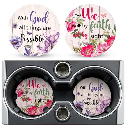 Car Coasters for Cup Holders - 2 Pack Bible Verse Cup Holder Coasters for Car with Finger Notch, 2.56 Inch Wildflower Cars Ceramic Interior Accessories with Cork Base for Women Men - color: Bible Verse