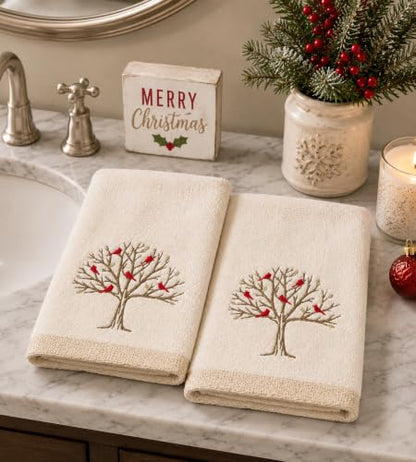 Christmas White Guest Hand Bathroom Towels, Winter Cardinal Tree, 16x26" - color: Cardinal Tree