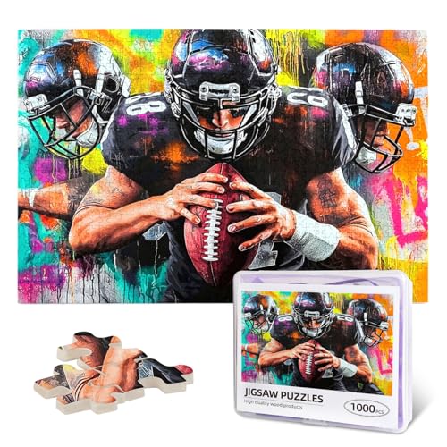 American Football Jigsaw Puzzles for Adults 1000 Pieces Football Painting Wooden Jigsaw Puzzle Graffiti Colorful Sports Rugby Player Puzzle for Family Friends Home Decor - color: Football, size: 1000PCS