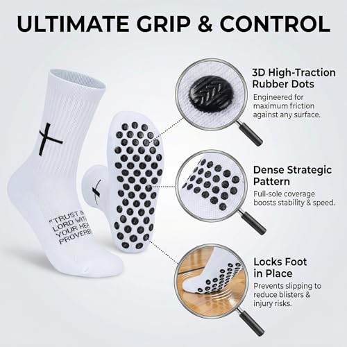 3 Pack Cross Grip Bible Verse Soccer Socks | Anti-Slip Religious Christian Sports Socks US 6-13 - color: White+black