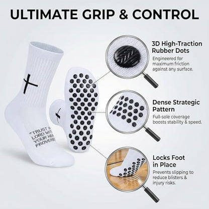 3 Pack Cross Grip Bible Verse Soccer Socks | Anti-Slip Religious Christian Sports Socks US 6-13 - color: White+black