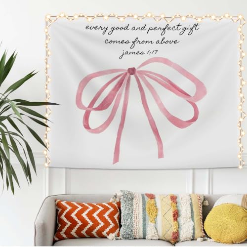 SAFDSGFDB Coquette Girly Preppy Pink Bow Christian Tapestry Wall Hanging, Every Good and Perfect Comes from Above Bible Verse Wall Blanket for Girls Room Dorm Apartment Decor, 50x60 Inch - color: Bowknot