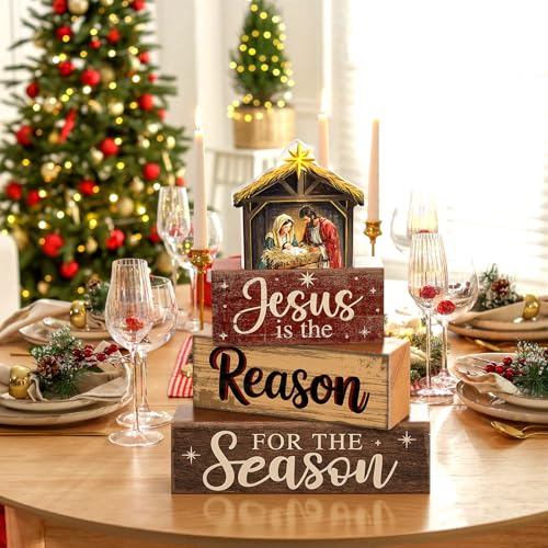 Moucuny 4 Pcs Christmas Table Decor Christian Nativity Scene Wooden Blocks - style: Jesus is the Reason of This Season