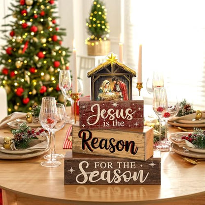 Moucuny 4 Pcs Christmas Table Decor Christian Nativity Scene Wooden Blocks - style: Jesus is the Reason of This Season