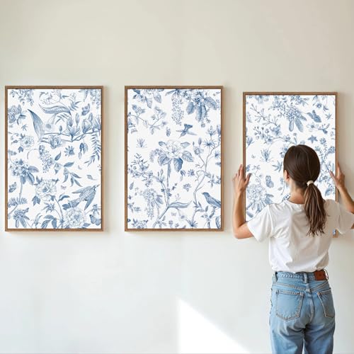 KaiWithYuan Large Navy Blue and White Floral Framed Canvas Wall Art, Classic Chinoiserie Peony Flower Wall Decor, Indigo Birds Art Paintings, Botanical Artwork for Living Room Bedroom Office 16"x24"x3 - color: Navy Blue and White Floral