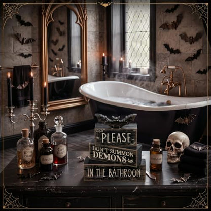 Moucuny 4 Pcs Halloween Table Decoration Gothic Bat Wooden Stacked Blocks - style: Bat & Demon