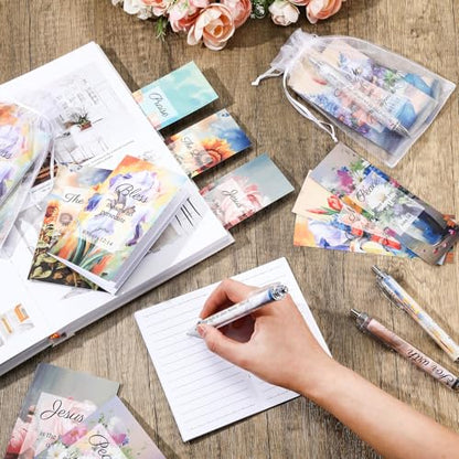 Moinchore 200 Pcs Christian Gift for Women Christian Accessories Include 50 Bible Verses Notebook 50 Church Bookmark 50 Ballpoint Pen Organza Bag Gift for Christmas Church Motivational (Oil Painting) - style: Oil Painting
