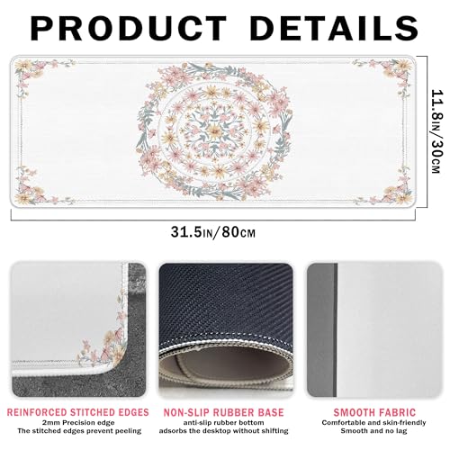 UTELKA Boho Mandala Desk Mat, Flroal Mouse Pad for Desk Large - color: Pink Boho Flroal, size: 31.5L x 11.8W inches