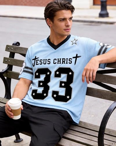 CHAIRAY Jesus Jersey Christian Football Jersey 33 Y2k Baggy Shirts Oversized V Neck Tee Tops for Women Men - color: 01 Blue, size: Small