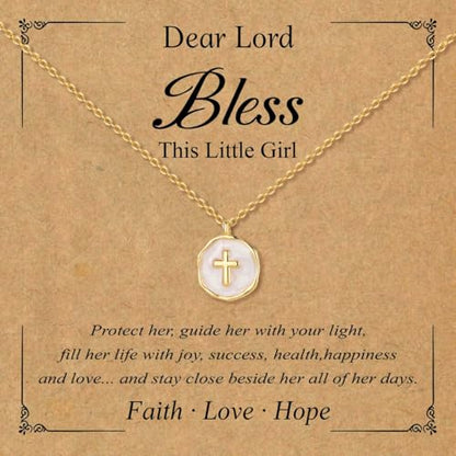 Gold Enamel Mini Cross Necklace Tiny Mother of Pearl Cross Necklace Religious Christian Gift for Baptism First Communion Christmas - color: bless this g*irl cross necklace-white