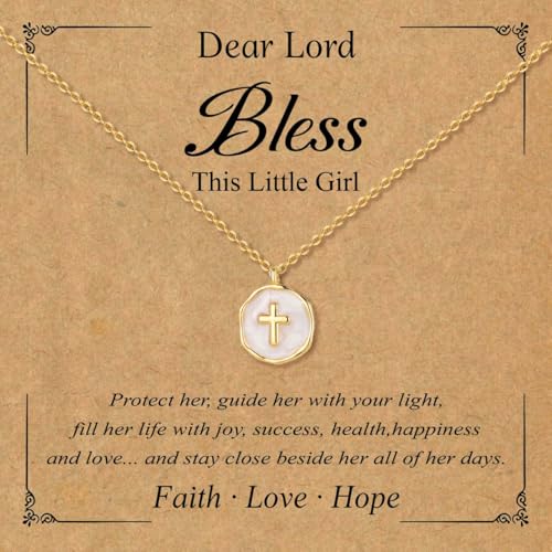 Gold Enamel Mini Cross Necklace Tiny Mother of Pearl Cross Necklace Religious Christian Gift for Baptism First Communion Christmas - color: bless this g*irl cross necklace-white