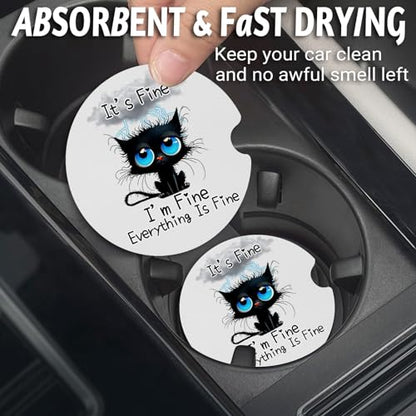 Yonlevres Car Coasters for Cup Holders, Black Cat, 2.75", 2 Pack - color: Black