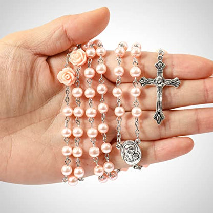 Nazareth Store Pink Pearl Catholic Rosary Necklace with 6mm Beads Rose Markers Madonna Holy Soil Medal Silver-Plated Crucifix 20 Inch