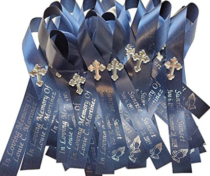 Personalized Memorial Service Funeral Ribbon Pins 20 Cross Religious Celebration of Life Custom Made Awareness Remembrance Anniversary Death Cross Sympathy Name Angel - color: Navy