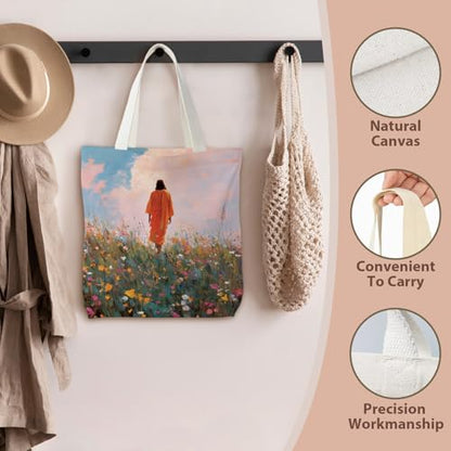 kunlisa Christian Tote Bag for Women, Christian Gifts for Women Faith Canvas Tote Bag - color: Jesus Was Among the Flowers