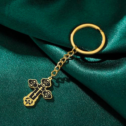 TEAMER Cross Keychain Russian Orthodox Crucifix Eastern Church Keychain Religious Christian Prayer Jewelry for Men Women - color: Black Gold