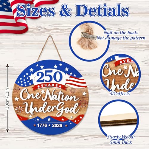 JarThenaAMCS 250th Anniversary Welcome Door Sign Patriotic 3D Wooden Hanging Sign American Flag Fireworks Round Door Hanger for 4th of July Independence Memorial Day Home Wall Decorations, 12 Inch - style: American Flag