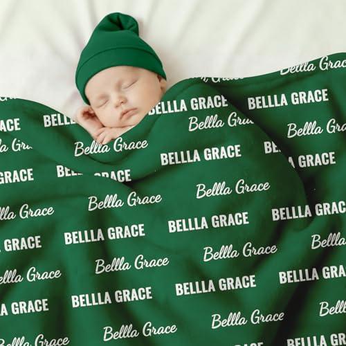 Ships Next Day, Personalized Baby Blanket with Name - Custom Newborn Hospital Swaddle Blanket, Super Soft Plush Flannel Baby Gift for Birth Announcement Shower Easter Gifts for Toddler Kids - color: Green