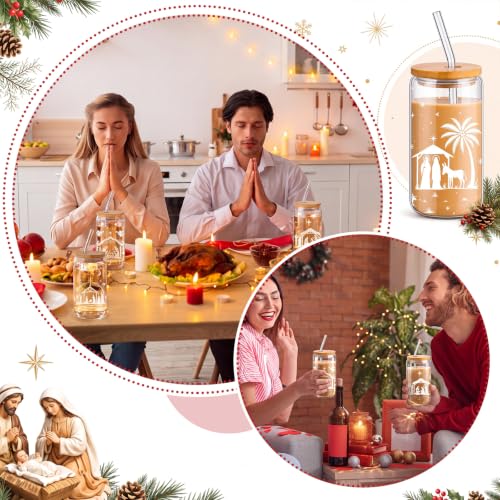Fulmoon 6 Pcs 16 oz Nativity Scene Christmas Glass Cups with Lid and Straw - style: Christmas