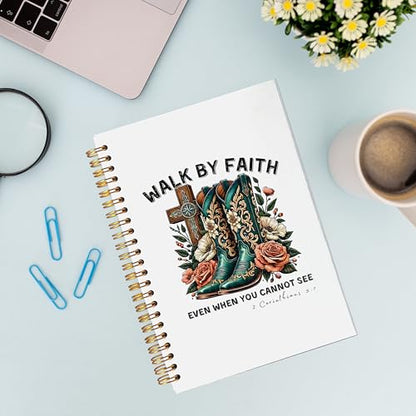 VNWEK Christian Floral Cowgirl Boots Spiral Notebook Journal 5.5 x 8.3 Inch, Western Christian Gifts for Women, Walk By Faith Bible Verse Religious Lined Hardcover Spiral Notebook - color: Christian Floral Cowgirl Boots
