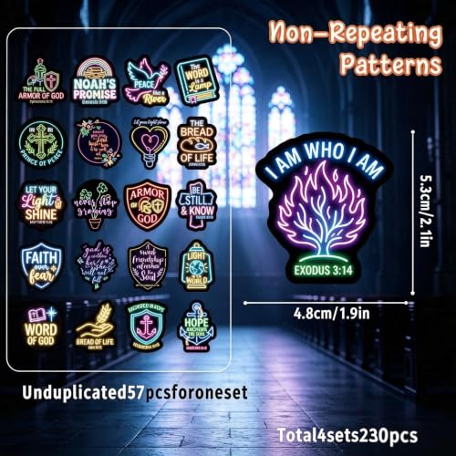 230PCS Neon Christian Bible Stickers, Inspirational Religious Jesus Faith Vinyl Bible Stickers, Waterproof Scripture Decals for Laptop Water Bottle Journal Scrapbook, Christian Gifts for Teens