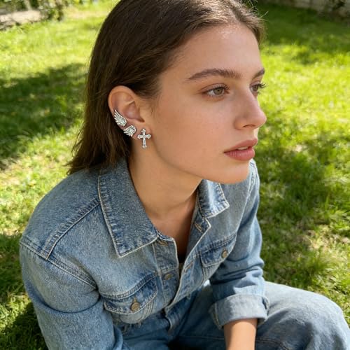 Sterling Silver Angel Wing & Cross Stud Earrings Set - Sparkly Rhinestone Helix Piercing Jewelry, Gothic Punk Cartilage Studs for Women Men Daily Wear